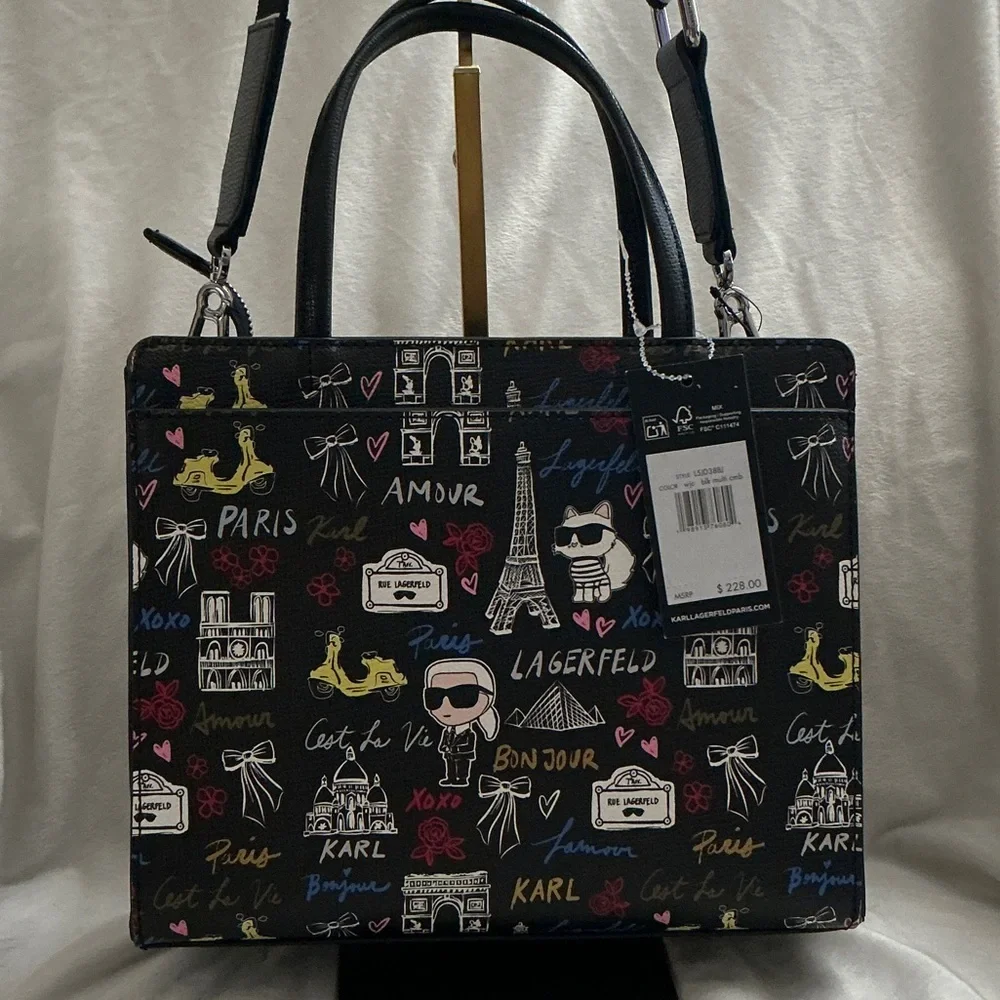 Karl Lagerfeld Black Paris Print Satchel with Multicolor Motifs